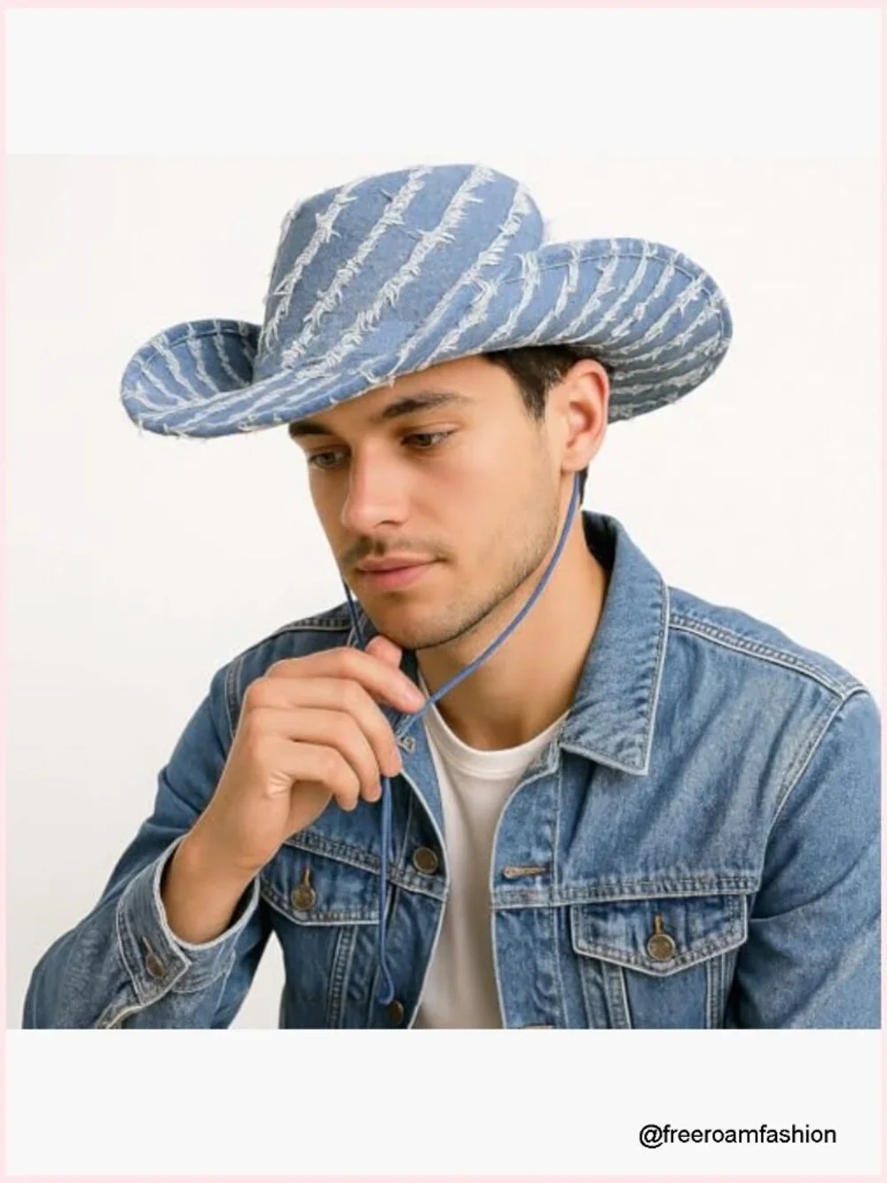 Vintage Denim Cowboy Hat with Chin Strap for Western Parties